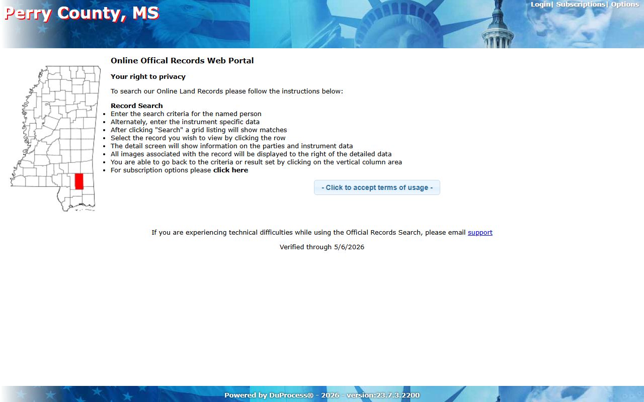 Perry County Chancery Clerk land records portal home screen