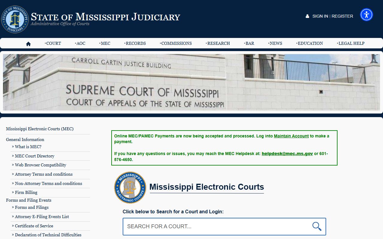 Perry County court records access through the Mississippi Electronic Courts page