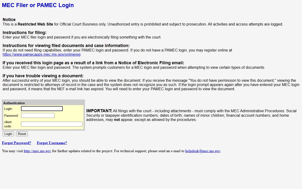 Perry County court records login through the Tenth Chancery MEC system