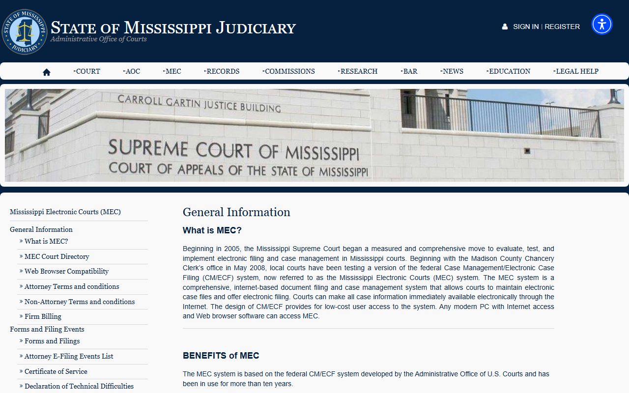 Perry County court records public access standards on the MEC general information page
