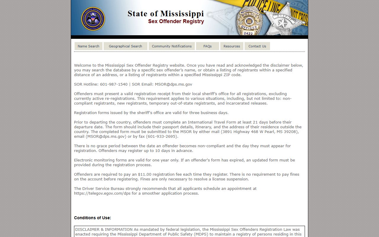 Perry County criminal records and the Mississippi Sex Offender Registry landing page
