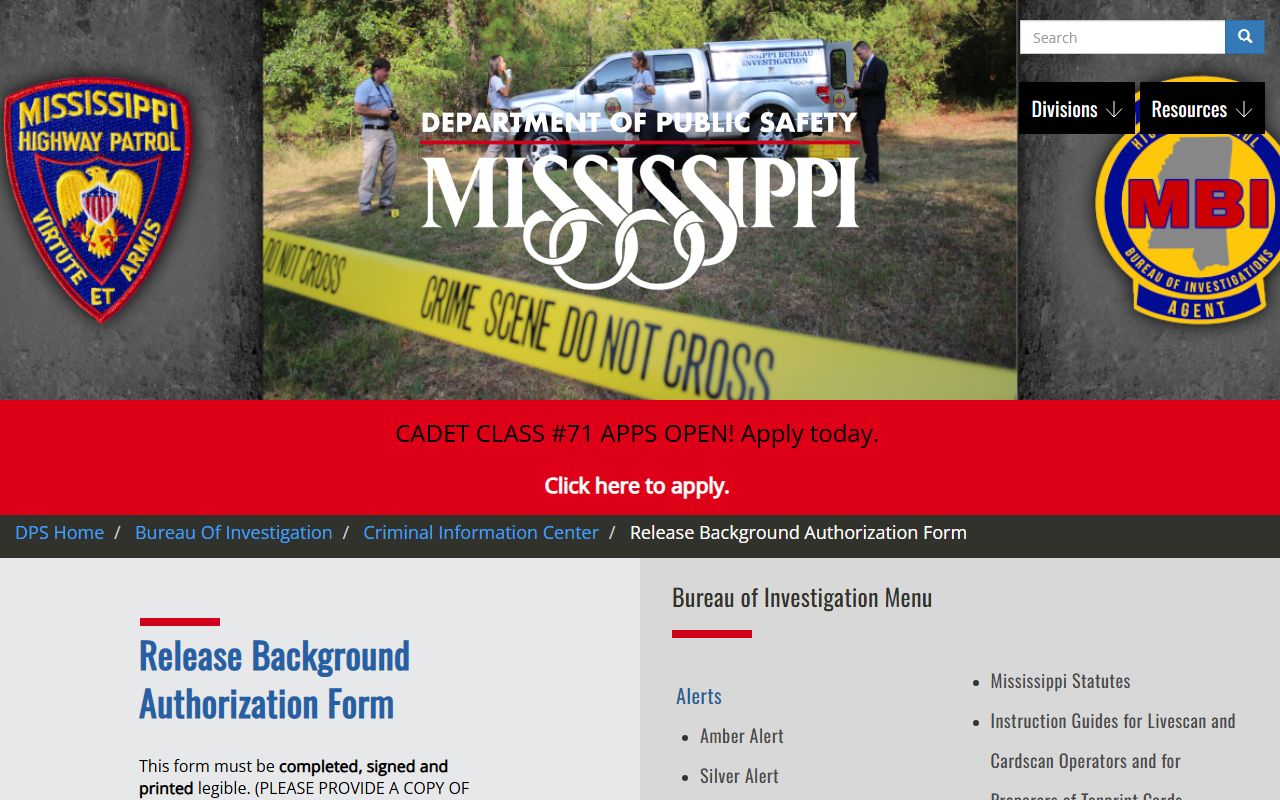 Perry County criminal records background authorization form from Mississippi DPS