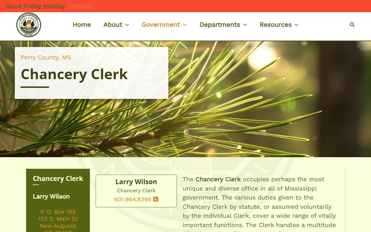 Perry County Chancery Clerk office page for Chancery Court records and land records