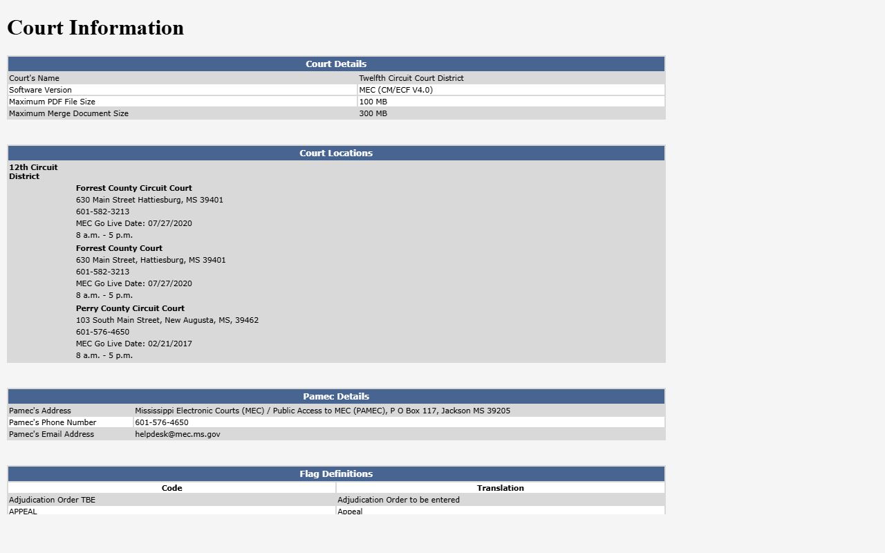 Twelfth Circuit MEC CourtInfo page for Perry County court records and case flags