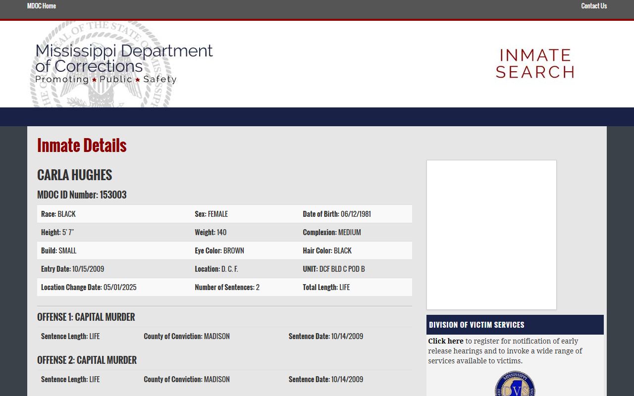 Perry County inmate records sample detail page from MDOC