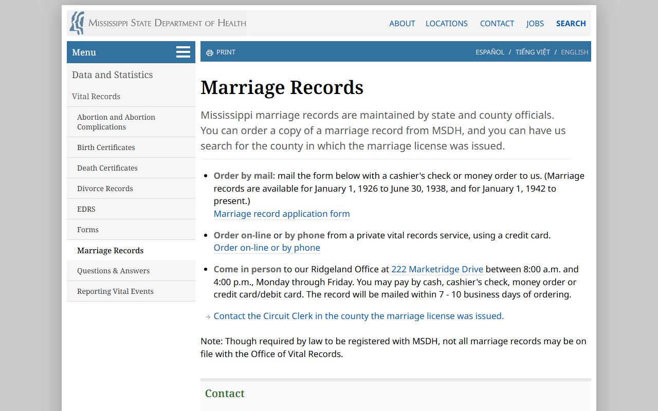 Perry County marriage records ordering page at the Mississippi State Department of Health